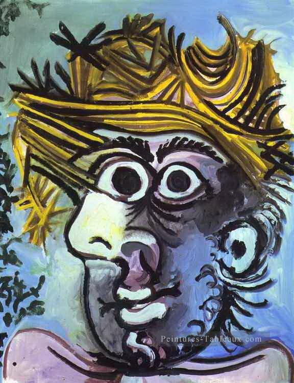 Tete d Man au chapeau paille 1971 cubiste Pablo Picasso Peintures à l'huile